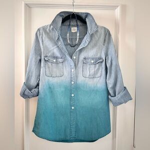 J.Crew upcycled button down shirt - dip-dyed teal from waist down